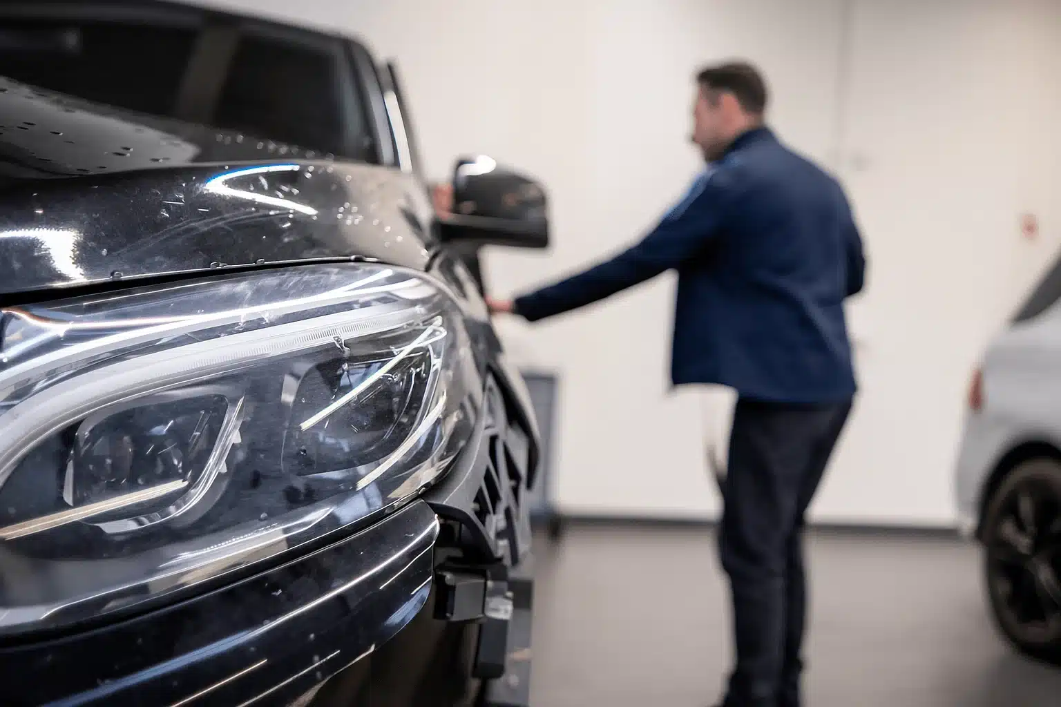 Kfz-Sachverständiger von PRÜV dokumentiert einen Unfallschaden an der Fahrzeugfront
